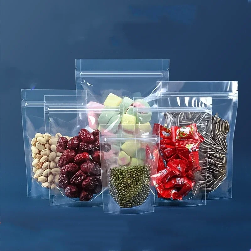 100pcs High Definition Transparent Food Packaging Bag Can Stand Up Self Sealing Plastic Bag Waterproof Moisture-proof Zipper Bag