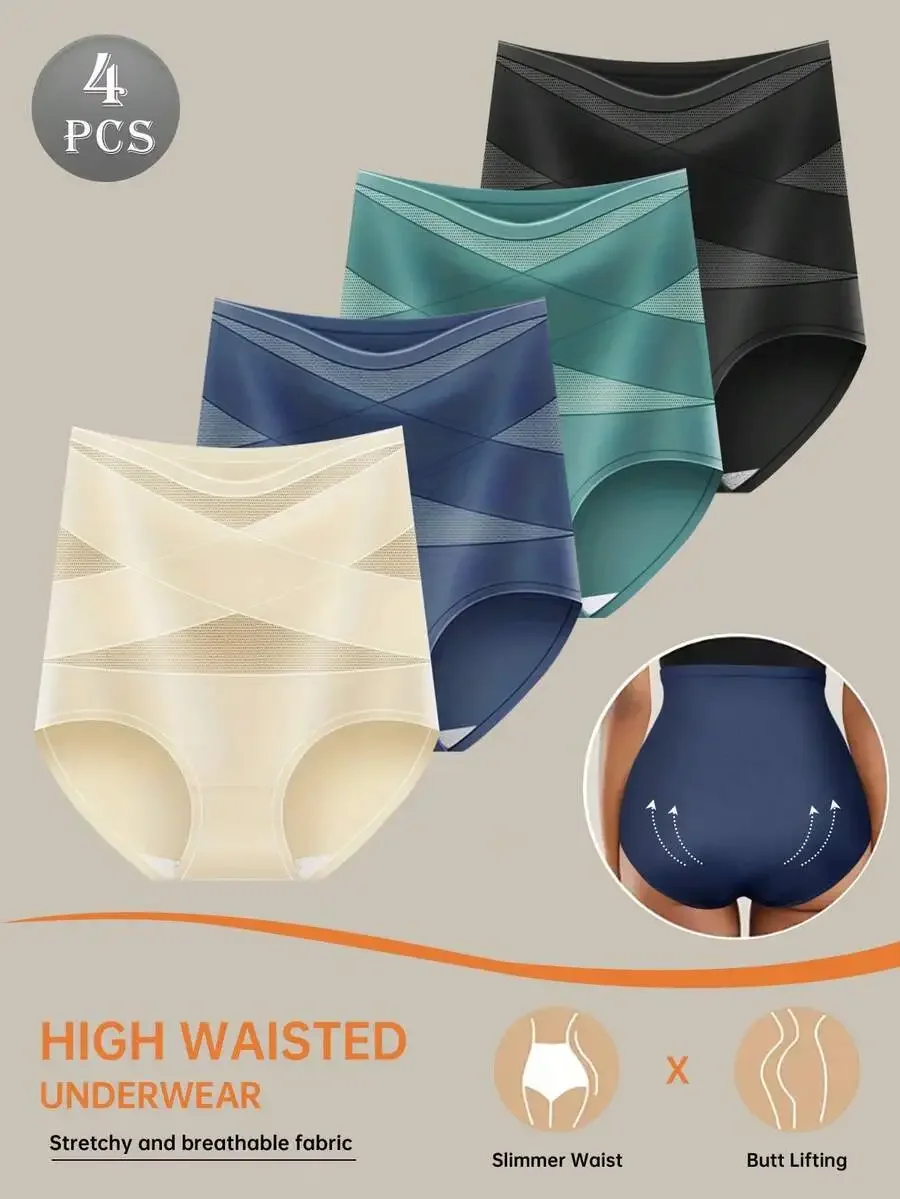 

4PCS Women High Waisted Shaping Briefs Cross Waistband Mesh Panel Tummy Control Breathable Stretch Underwear