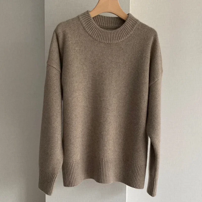 Autumn and Winter New Pure Cashmere Thickened Round Neck Loose Profile Knitted Pullover Sweater Women