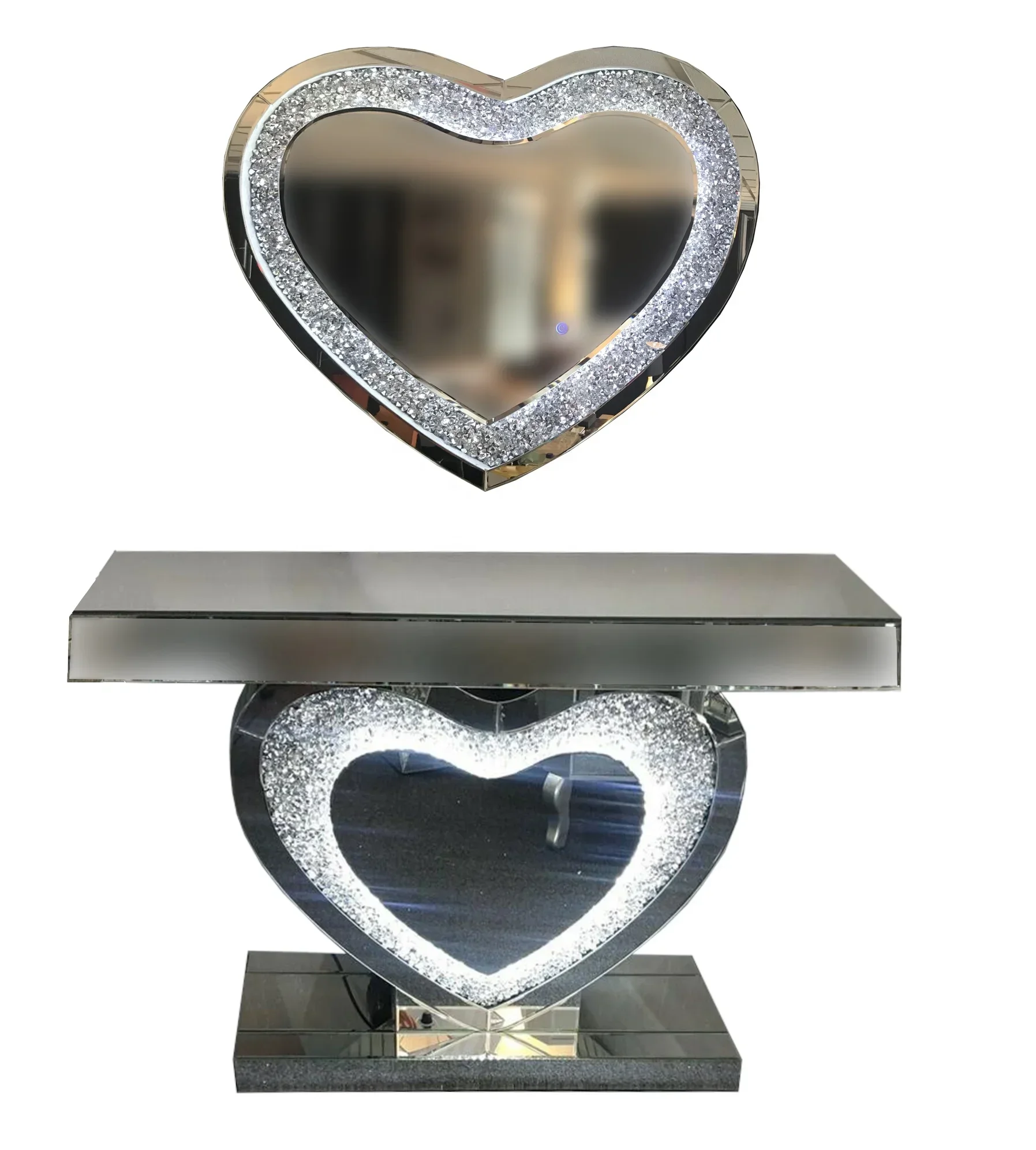 

Luxury mirrored console table, crescent shaped foyer, family round wall mirror