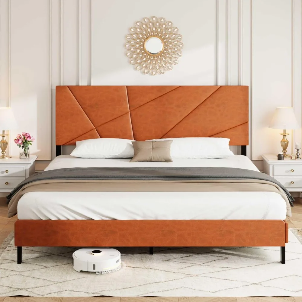 Ball & Cast King Size Platform Bed W/Under-Bed Storage,Metal Bed Frame W/Upholstered Leather Headboard & Clean Lines Design,No B
