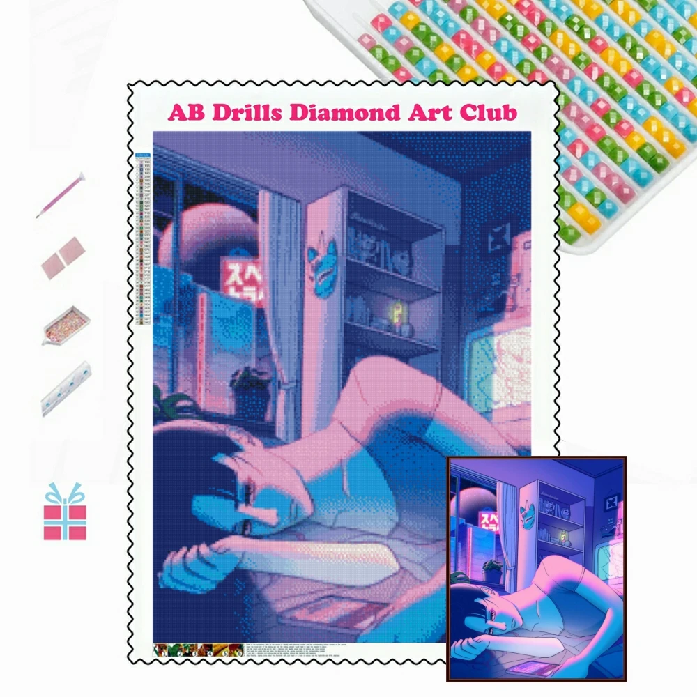 Night City Pop Kyoto 5D AB Drills Diamond Painting Rhinestones Mosaic City Street Pink Kawaii Embroidery Cross Stitch Home Decor