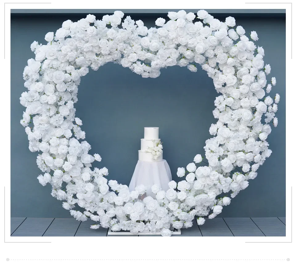 

5D Luxury Pure White Rose Hydrangea Wedding Background Floral Arrangement With Love Heart Arch Frame Event Party Flower Stand