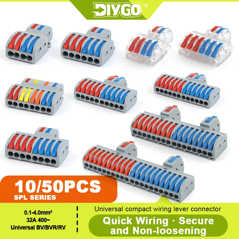 DIY GO 10/50PCS Mini Fast Wire Connector Universal Wiring Cable Connector Push-in Conductor Terminal SPL TYPE Quick Connectors