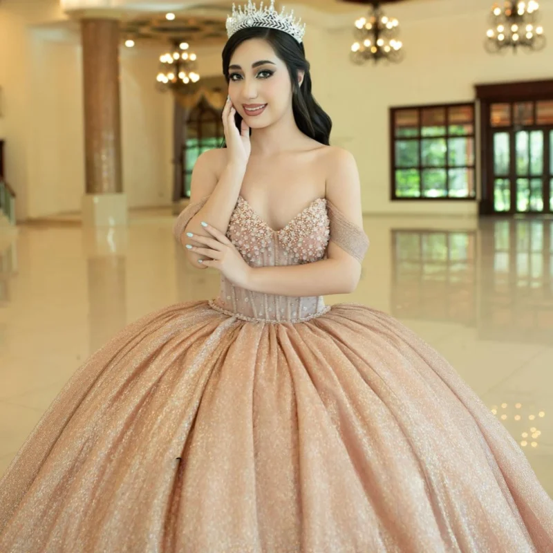

Shiny Champagne Quinceanera Dress off-shoulder Glitter Crystal Pearl Decal Long tail vestidos de 15 Quinceanera ﻿Customize