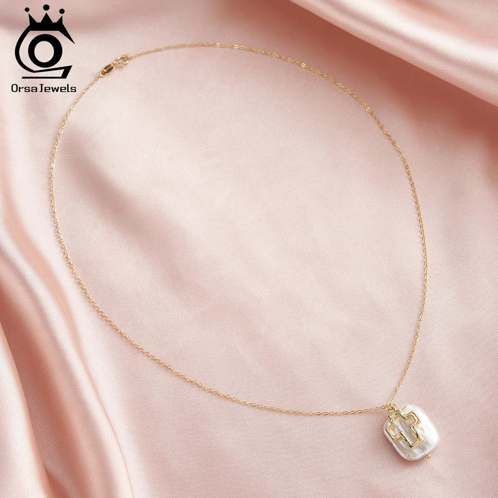 

ORSA JEWELS Vintage Baroque Pearl Cross Pendent Necklace 14K Gold Plated Engagement Accessories Exquisite Jewelry Gifts OGPN79