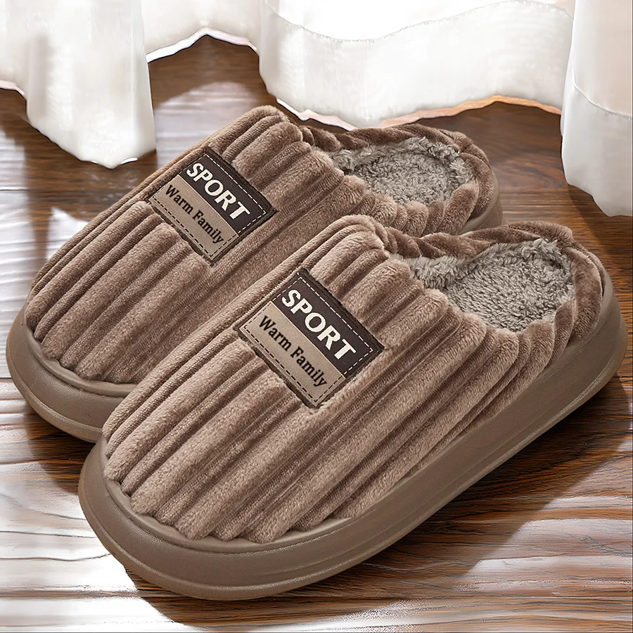 Herren-Hausschuhe aus Wildleder mit dicker Sohle, EVA-Sohle, Memory-Schaum, Baumwolle, warm, weich, gestreift, bequeme Indoor-Schuhe – Detail 3