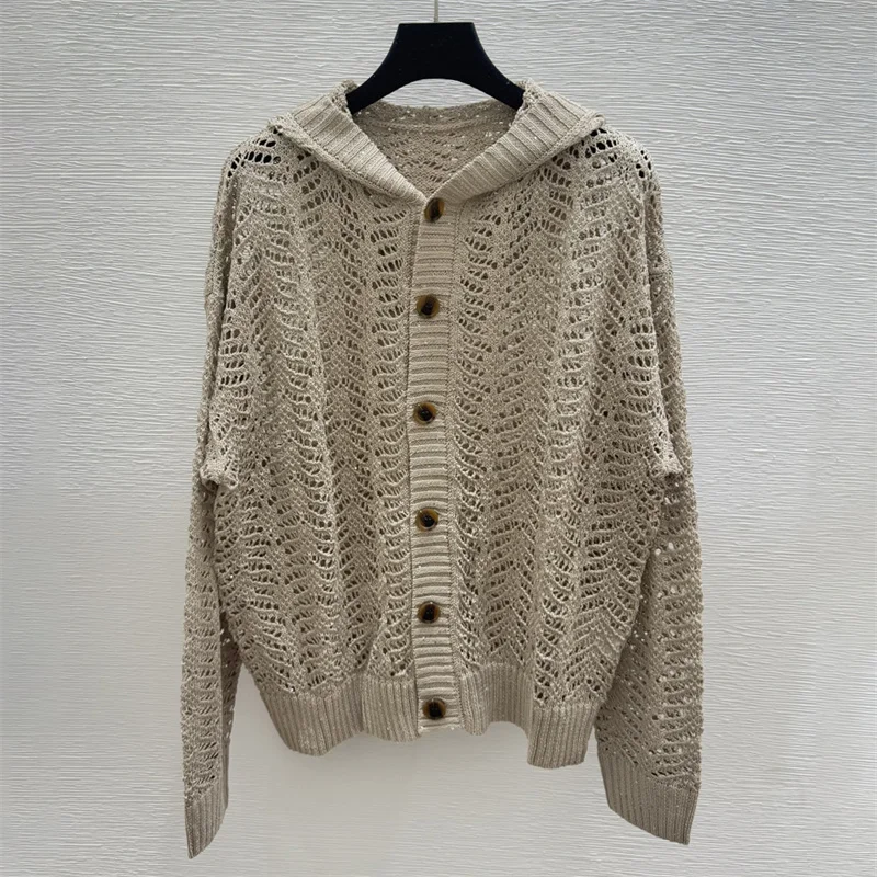 

Cardigan for women New autumn 2025 Sequin blend hood long sleeved top Elastic knitted hollow women's sweater hoodie y2k Knitwear