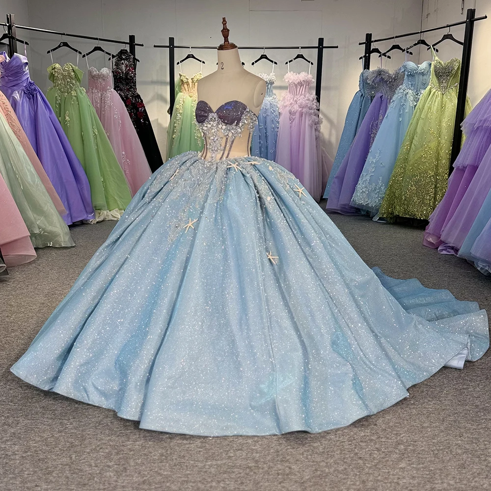 Aangepaste hemelsblauw baljurken quinceanera jurken met kristal strapless corset sweet 16 jurk vestidos de 15 anos DY 6836