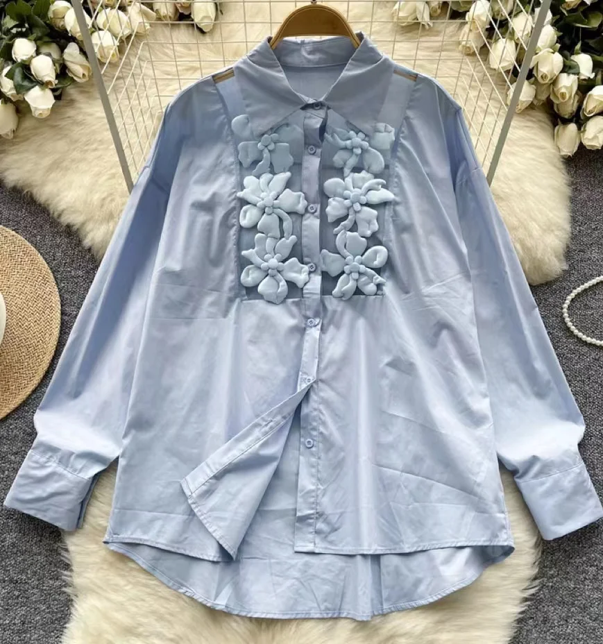 Flowers Stitch Oversized Cotton Mid-length Shirts Blouses For Women\'s 2024 Autumn Buttons Up Loose Top Blusas