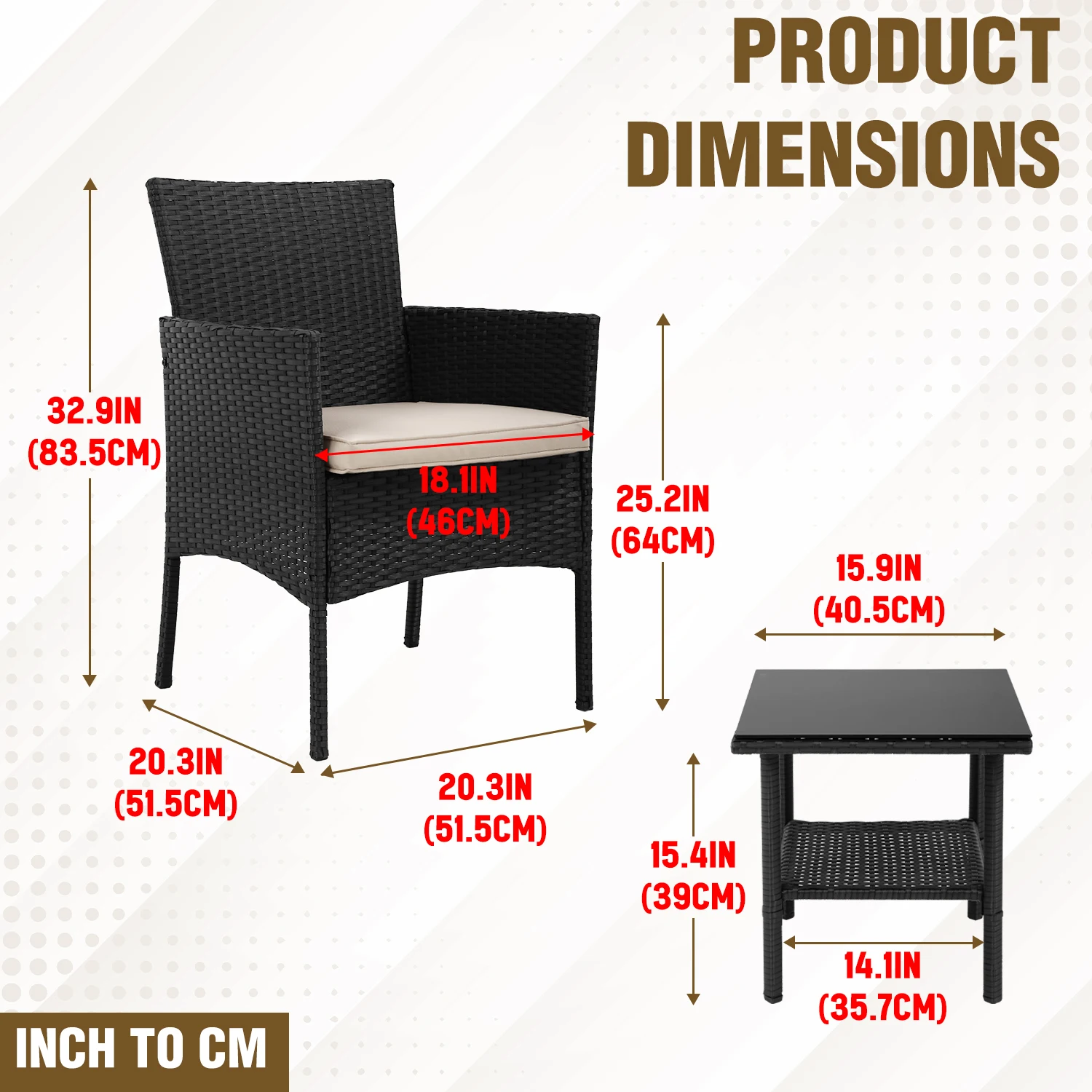 Set Furnitur Teras 3 Buah, Kursi Rotan Modern dengan Meja Kopi, Tahan Cuaca untuk Beranda, Taman, Halaman