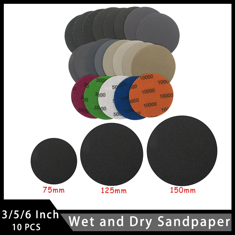 3/5/6 Inch Wet and Dry Sandpaper 10 Pcs Hook and Loop Assorted 60-10000 Grits for Metal Polished Woodworking Tools Polishing