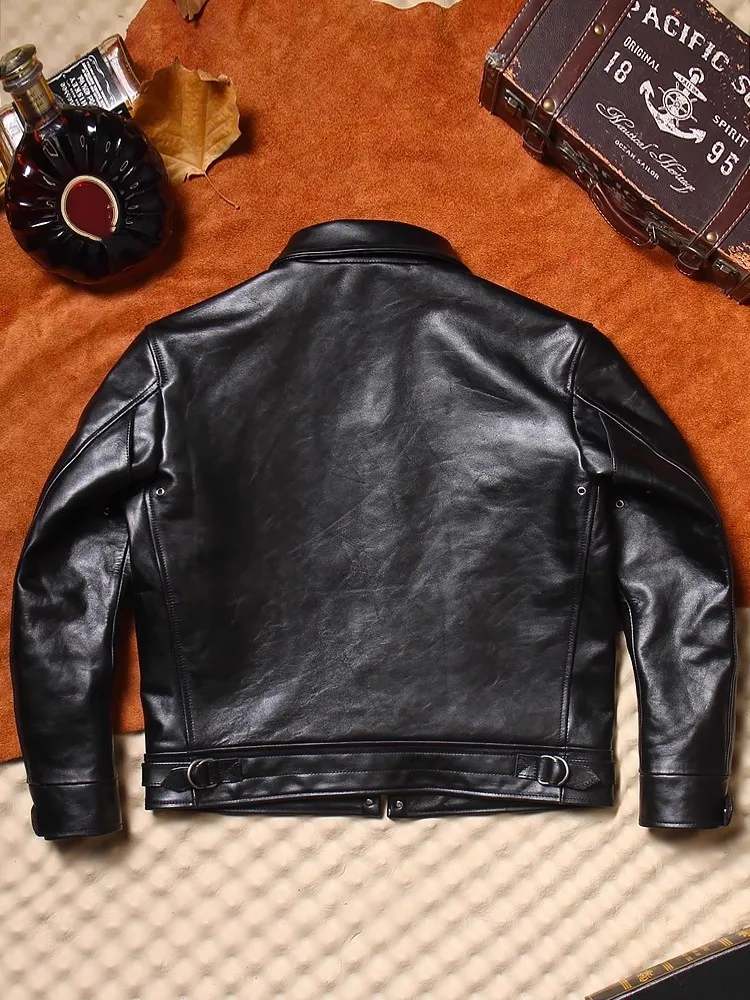 Mens Punk Style Classic Genuine Leather Coat Zipper Turn-Down Collar Horsehide Slim Fit Streetwear Motorcycle Short Jacket 5XL