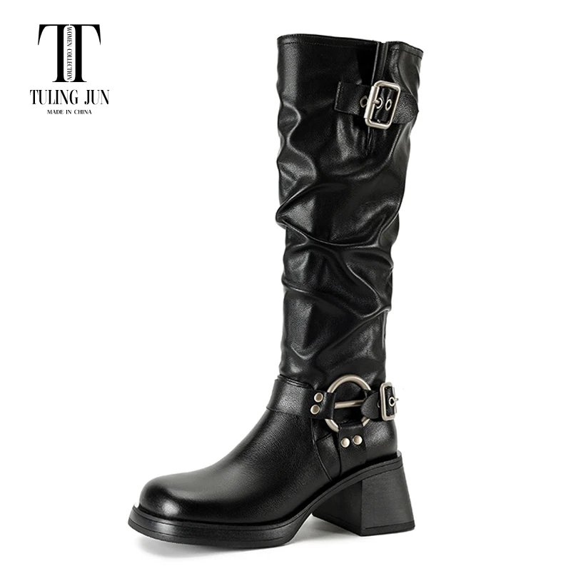 

TULING JUN2023 Winter Retro Thick-soled Stacked Western Women's Boots Rounded Toe High Heel Fashion Comfort Shoes For Women L