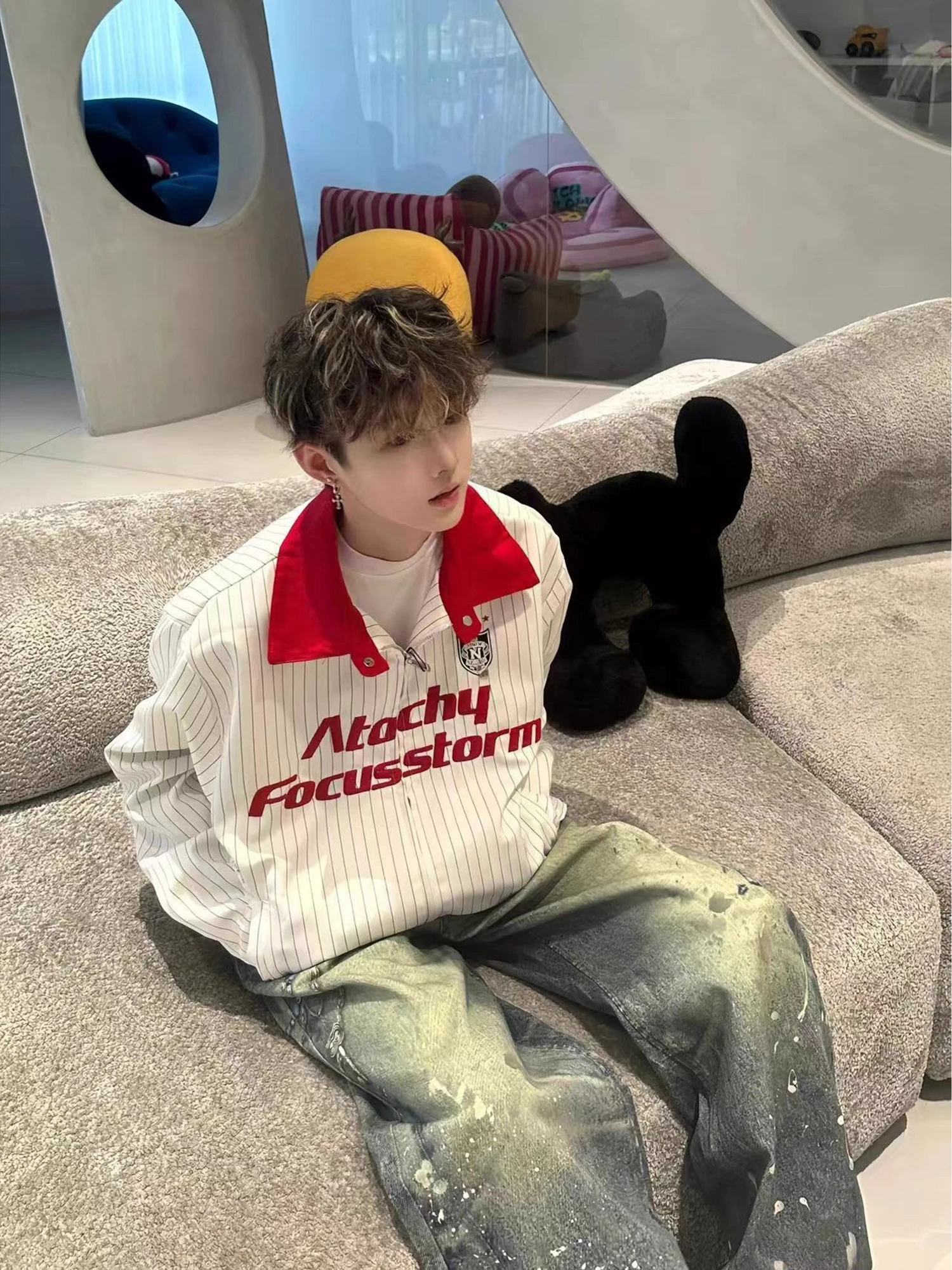 

Американский ретро полосатый бейсбольный джет со свободным воротником для мужчин и женщин, весенне-осенняя одежда для пар, полиэстер, смесь хлопка