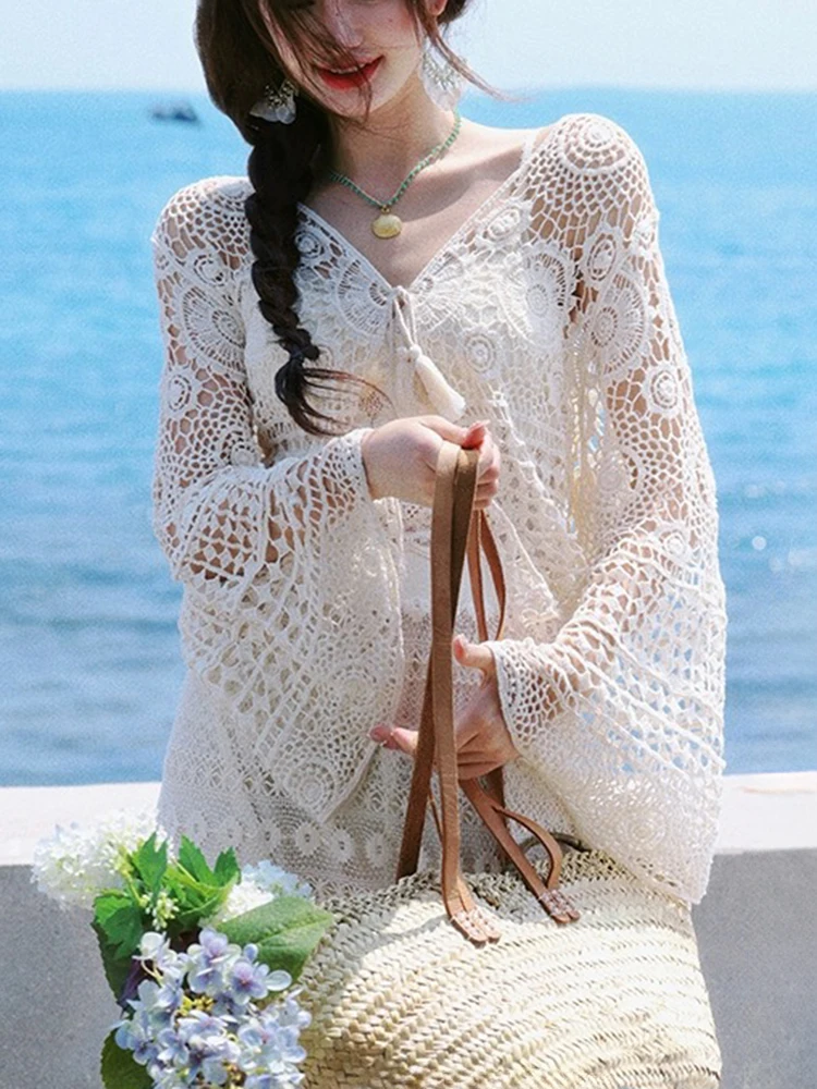 

Вязаный крючком кардиган в стиле бохо, женский расклешенный рукав, галстук спереди, цветочная открытая вязаная блузка, карди, пляжное бикини, накидка, болеро, отпускной наряд