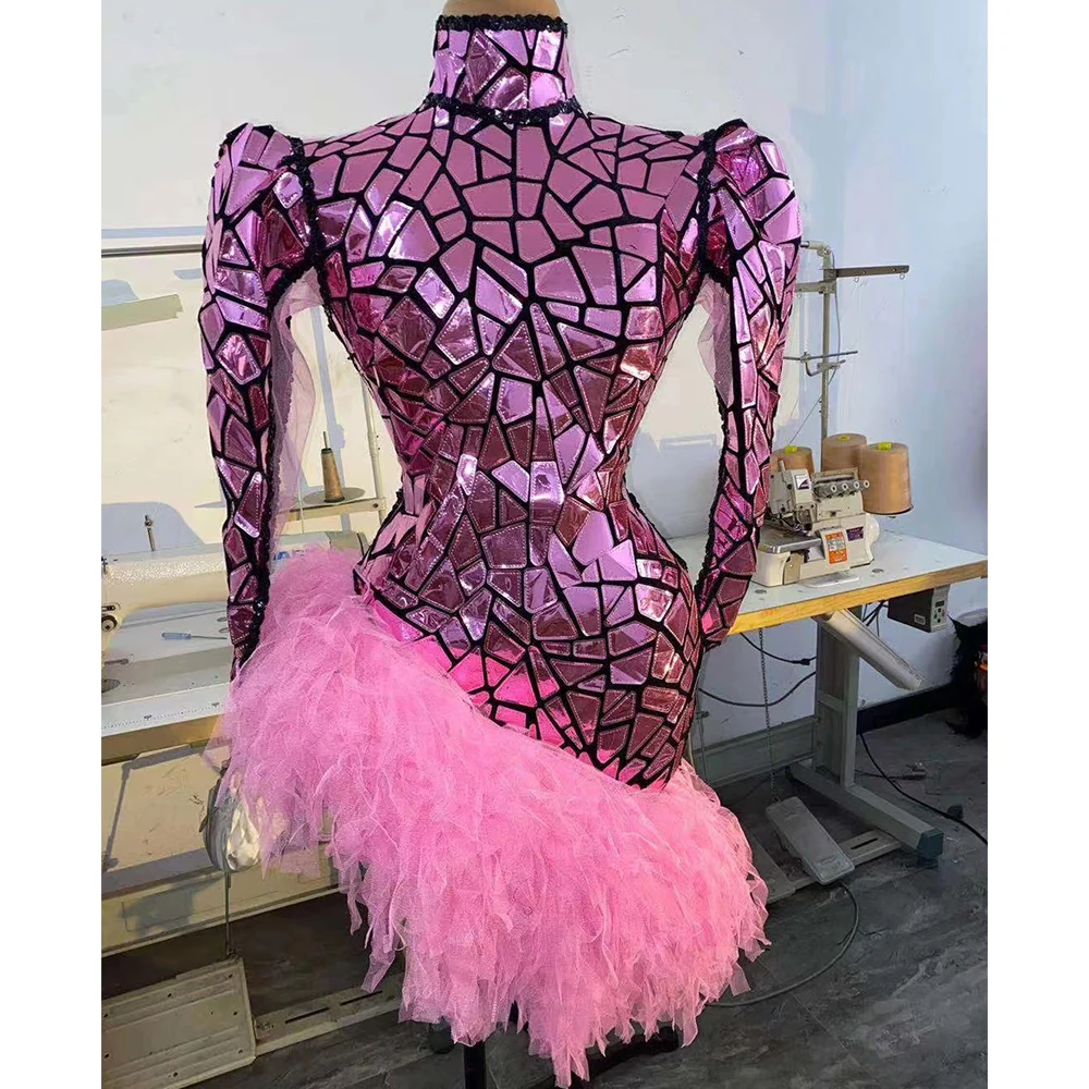 Pink Sexy Lens Lace Folds Long Sleeve Women Dress High Neck Party Evening Dance Stage Ballroom Drag Queen Costume Club Bar