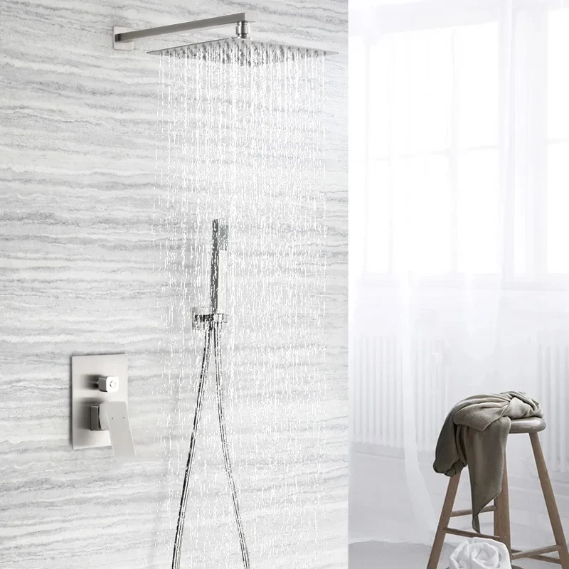 Rainfall Shower Sets Square Stainless Steel Concealed Shower Set Nickel Color Into Wall Two Functions Shower Faucet