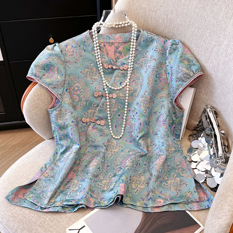 

Chinese Style Women's Blouses Printed Vintage Shirts Fashion Loose Summer Clothes V-neck Short Sleeved Satin Women Tops