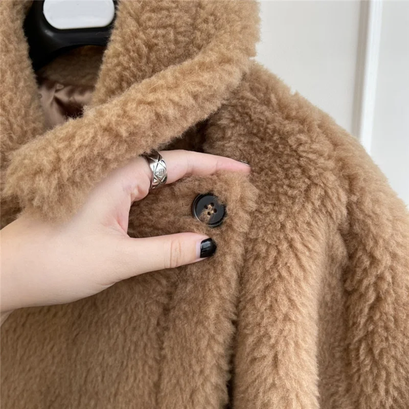 MM Real Fur Short Cloak Teddy Coat Lady Content Woven Fabric Thick Warm Overcoat Loose Cozy Outerwear Streetwear Oversize