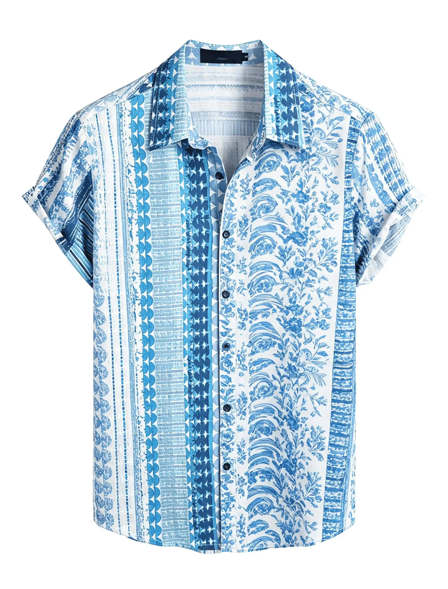 Men's Floral Stripe Print Short Sleeve Shirt, Ethnic Boho Vertical Pattern, Casual Hawaiian Button Down for Spring & Summer