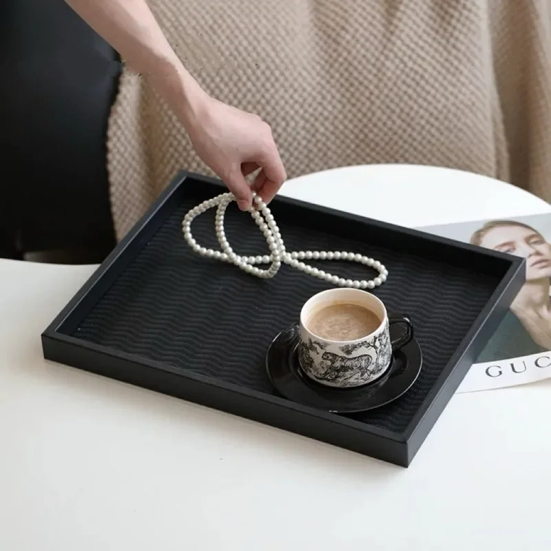 Leather Woven Pattern Tray Wooden Decorative Storage Trays Modern Luxury Perfume Organizer Tray Rectangular Accessory Trays