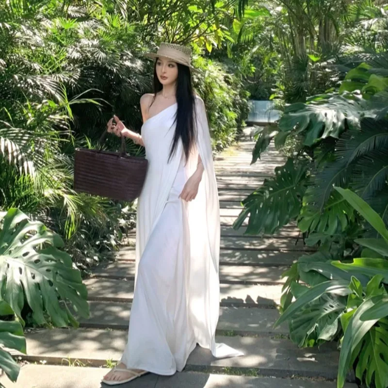 Vestido Longo E de Camadas Duplas Sem Mangas com Ombro Assimétrico Moda Fena Estilo Coreano Cor Pura Vestido H-Line