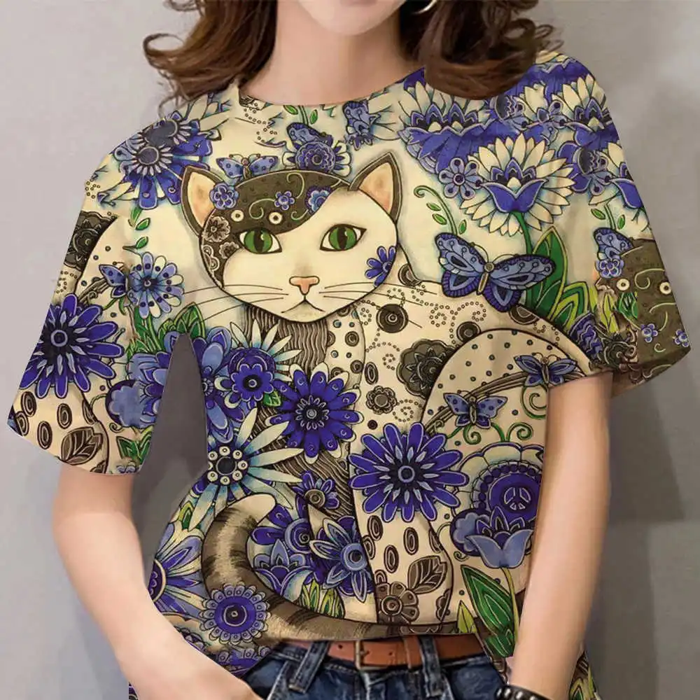 Summer T-shirts Women 3D Print Cute Cat Short Sleeve Top 2022 Fashion Harajuku Kawaii Animal T Shirt Oversized Loose Y2k Clothes