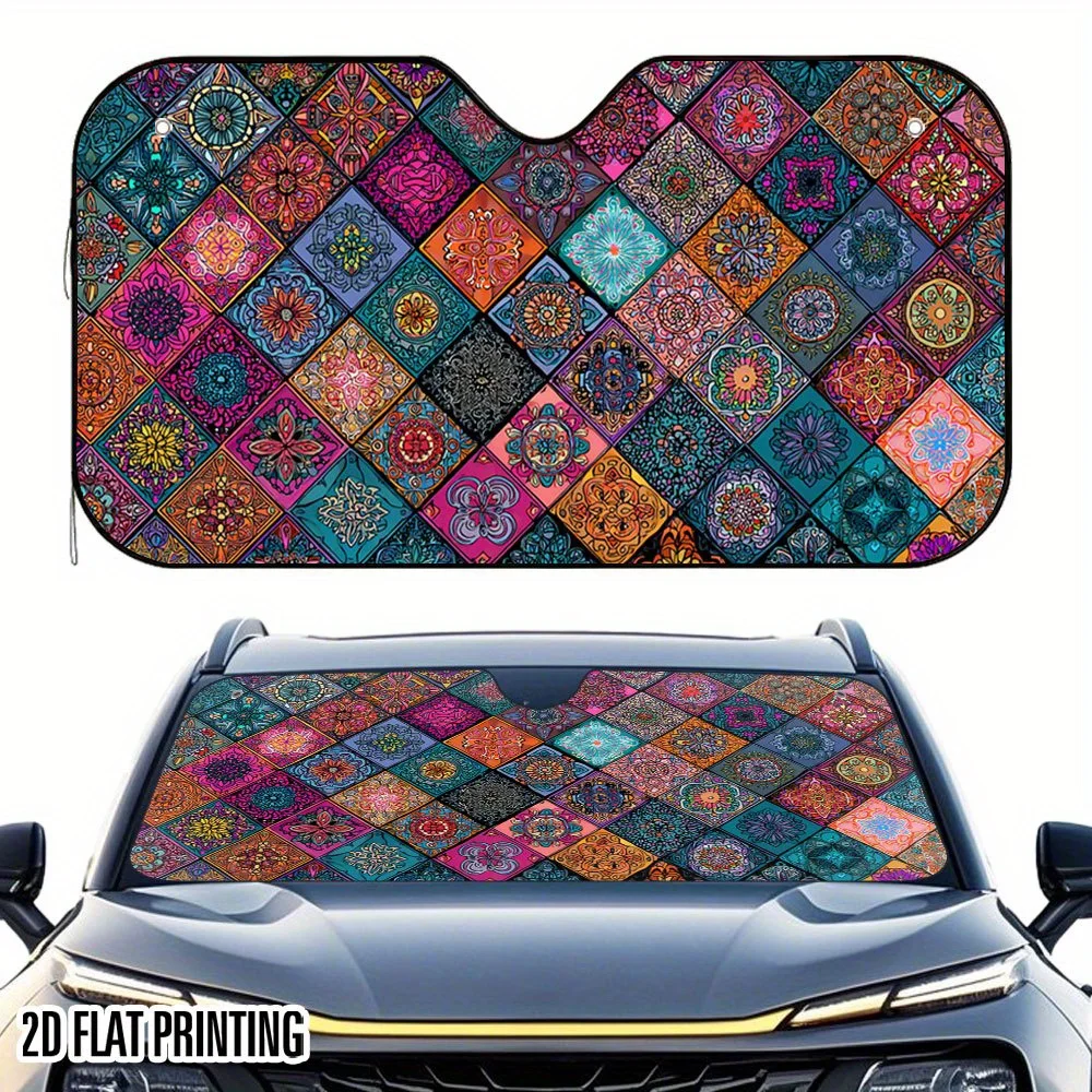 

1pc 2D Flat Colorful Geometric Print Car Sunshade – Foldable & Space-Saving, Keeps Your Car Cool, Easy Install With 4 Suction Cu
