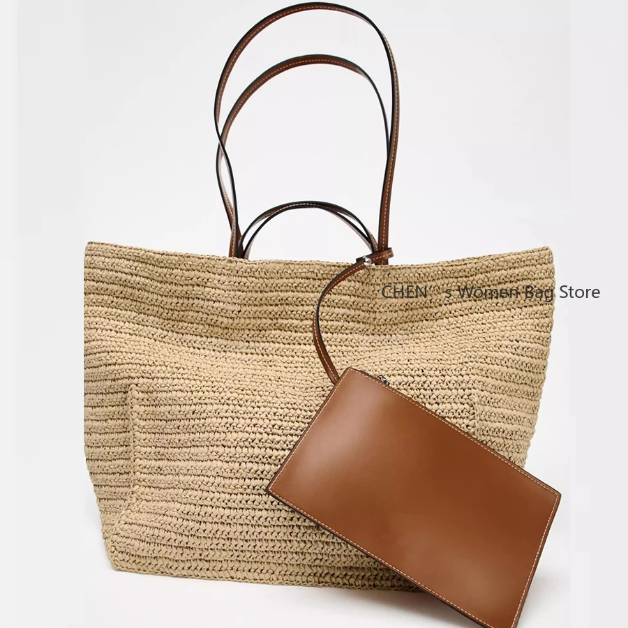 

Casual Large Capacity Straw Tote Bag Designer Woven Women Shoulder Bags Handmade Summer Beach Handbags with Small Purses 2025