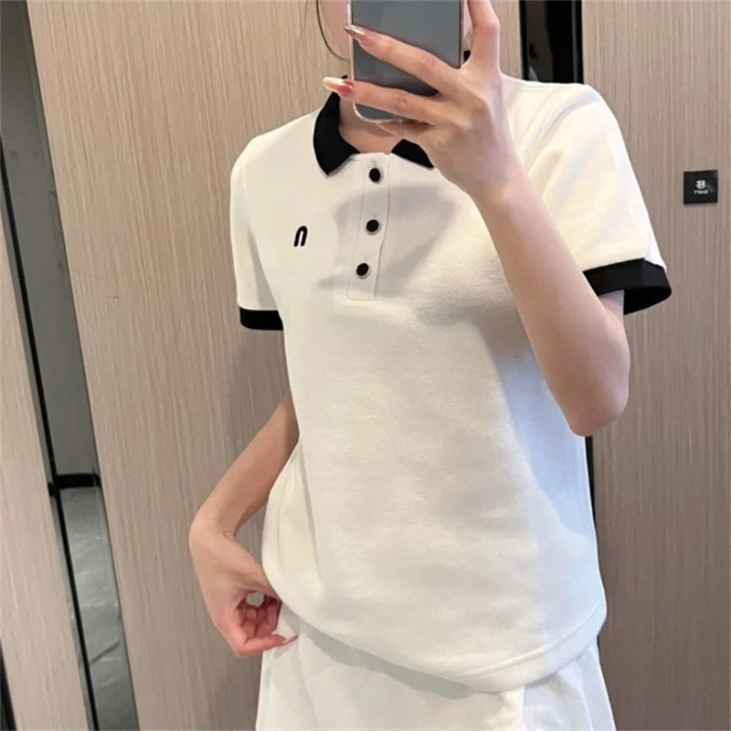 T-shirt col polo blanc pour femmes, streetwear, avec lettres brodées, printemps été 2024, YJ989363