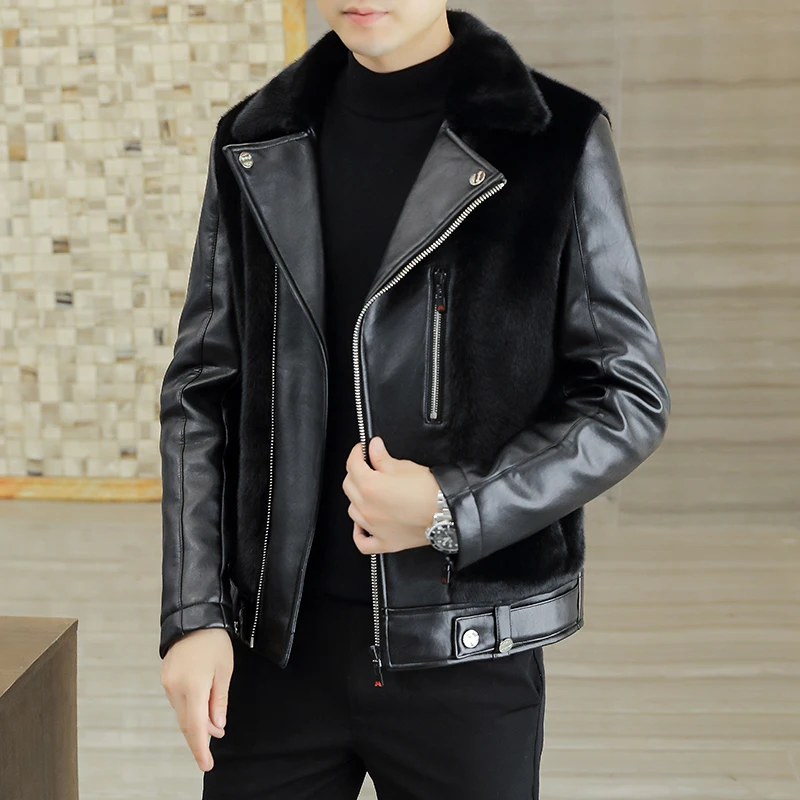 

Casual 2024 Autumn Winter Men's Warm Fur Fleece PU Leather Jacket Hip Hop Streetwear Black Zipper Thick Plush Mixed Leather Coat