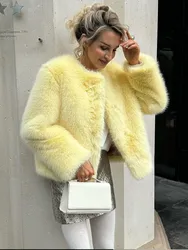 Elegant Yellow Women's Thermal Faux Fur Coats Fashion O Neck Full Sleeve Fluffy Plush Jackets Winter Chic Lady Warm Outwear 2024