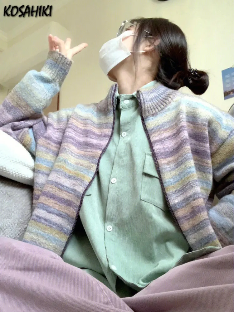 Y2k Aesthetic Vintage Knitted Cardigan Striped Contrast Color Japanese 2024 Autumn Loose Grunge Fashion Harajuku Womens