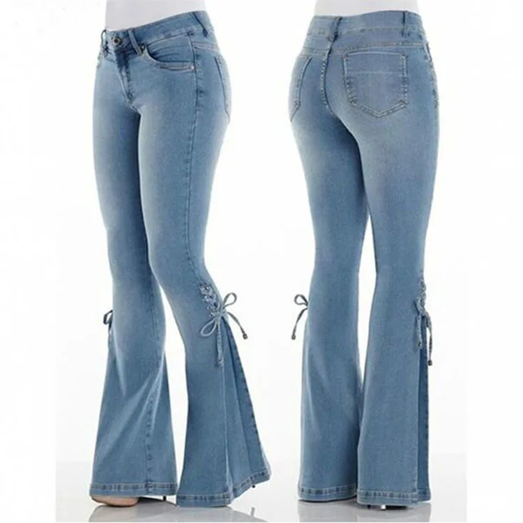 Calça jeans de comprimento total feminina, jeans lavado, ajuste solto, bolsos de mosca, cintura alta, básico, com renda para cima, vintage, sólido, mosca