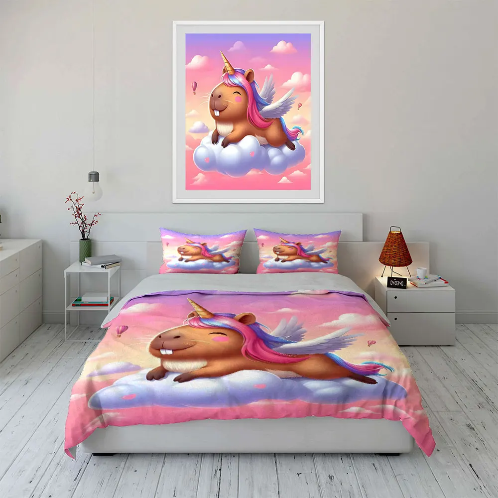Capybaras on the Clouds Pattern Duvet Cover Set Digital Print Colorful Polyester Bedding with Zipper Closur for kids gifts