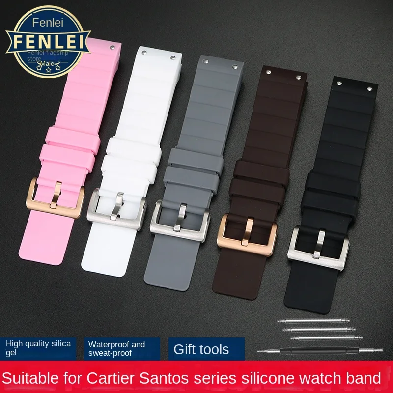 23mm Wristband For Cartier Santos Sandoz 100 Silicone Watch Strap waterproof Rubber Men and Women Watch Band Black Soft Bracelet