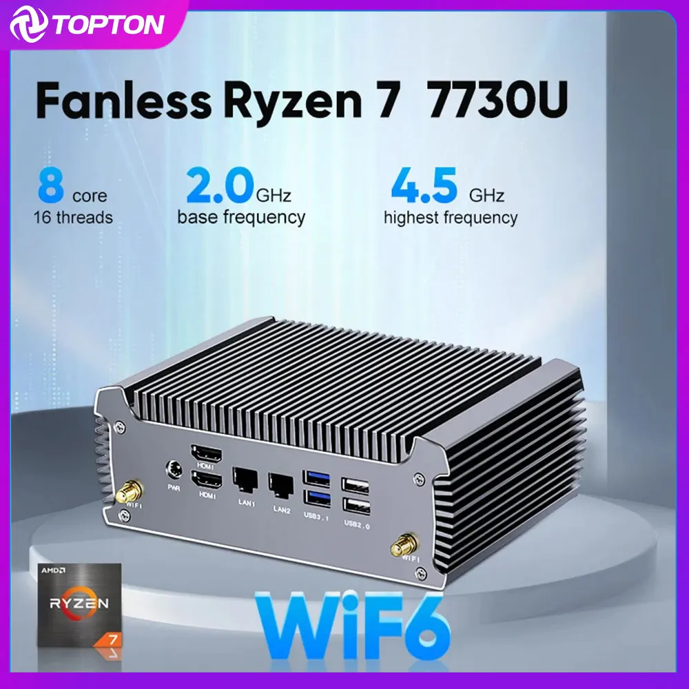 Topton Fanless AMD Mini PC Ryzen 7 7730U 5800U PC Gaming Computer Windows 11 Dual LAN Firewall Router 2*HDMI2.0 NVMe DDR4 WiFi6