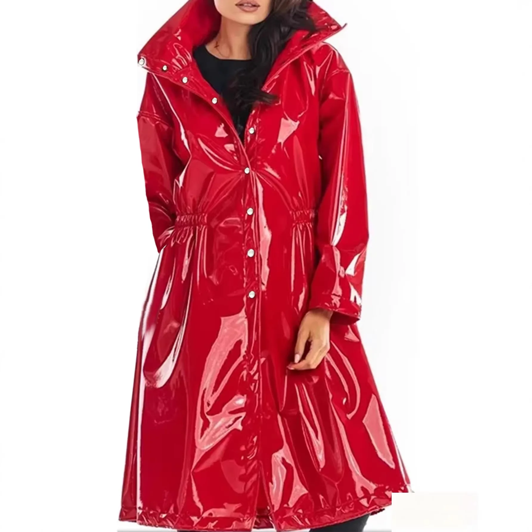 

Adults Womens Long Trench Coat Blazer Clubwear Wet Look PU Leather Notched Lapel Open Front Long Sleeve Jacket PVC Costume