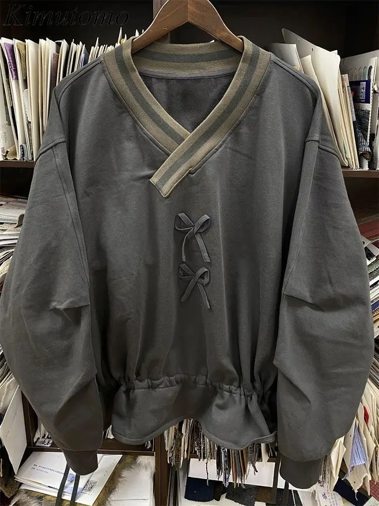 

Kimutomo толстовки женские весенне-осенние с бантом и v-образным вырезом свободные модные толстовки в консервативном стиле Y2k эстетические толстовки в стиле Харадзюку женские винтажные