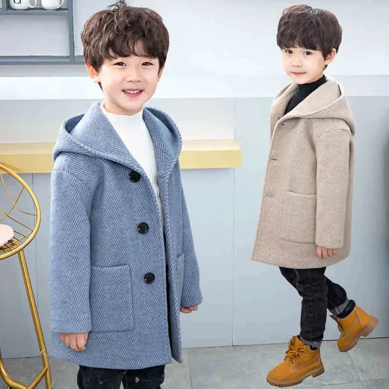 Winter Woolen Jacket For Boy New 2023 Korean Version Fashion Thickening Handsome Mid-Length Keep Warm Casual Children\'s Clothing