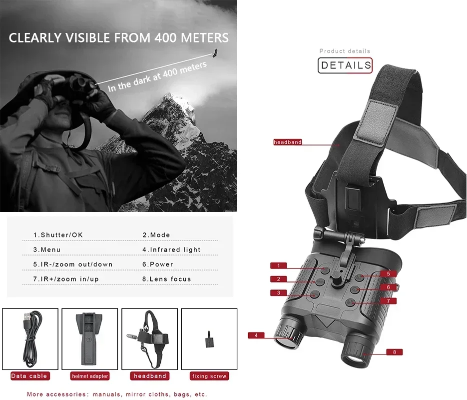 NV8160 Binocolo per visione notturna Digitale a infrarossi Montaggio sulla testa Caccia Attrezzatura da campeggio Video 1080P Batteria incorporata