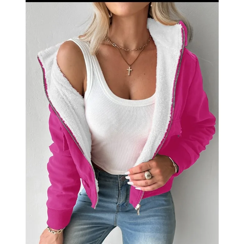 Autumn Winter Fleece Lining Crop Jacket Women Streetwear Zipper Coat Warm Winter Clothes Women Jackets Hooded Tops Black Khaki