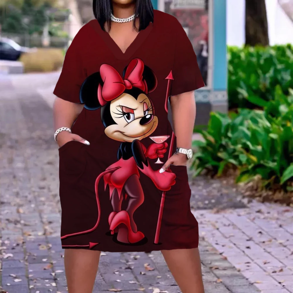 Disney minnie vestido sexy moda feminina mickey 3d impressão vestido feminino solto senhoras festa à noite vestido de verão na altura do joelho rua