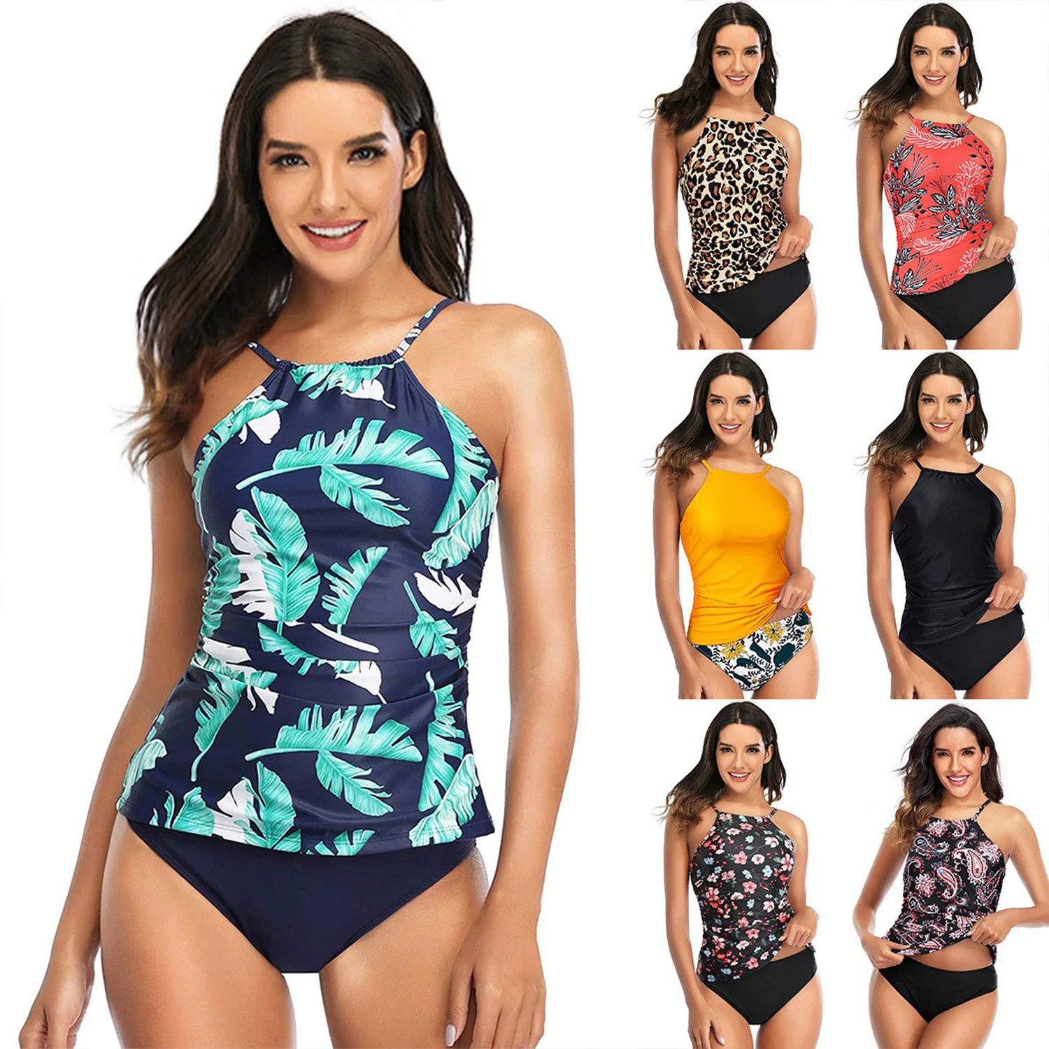 

Купальник-танкини из двух частей 2026 года для женщин, с завязками на шее, с завышенной талией, пляжная одежда, большие размеры, разные цвета