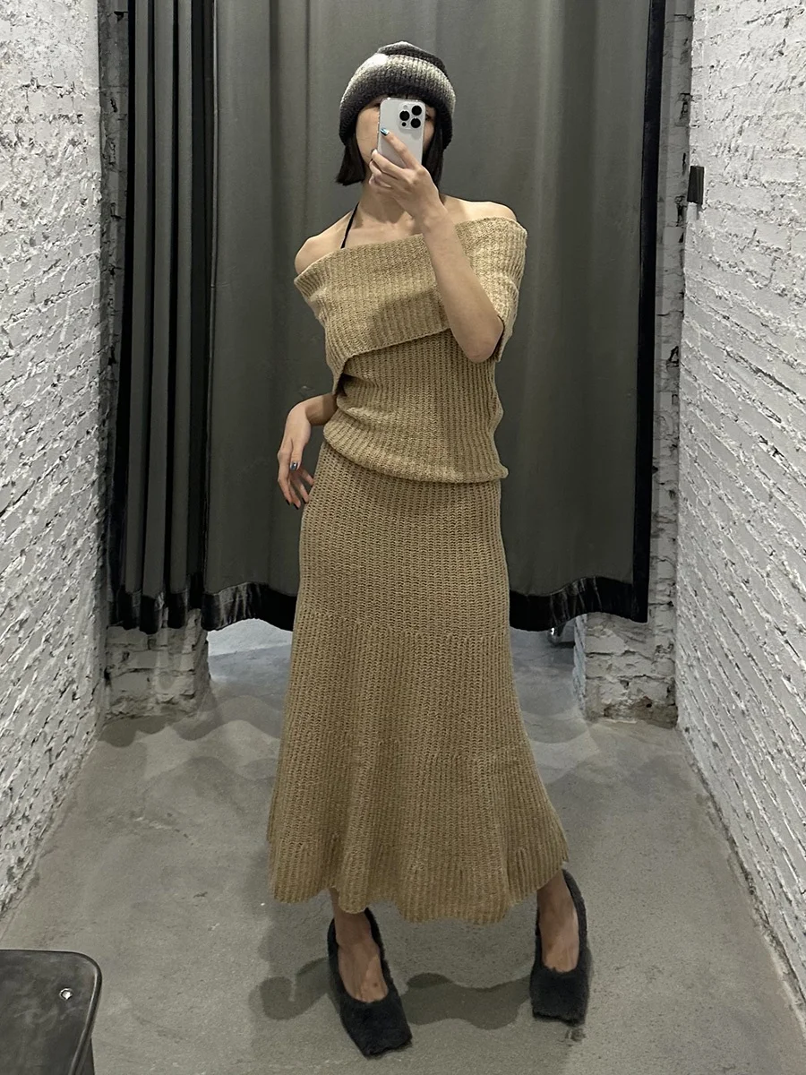 

Комплект BLUEDOT GIMAGUAS: вязаный свитер на одно плечо + длинная юбка с завышенной талией, осенний модный комплект 2023, премиум-одежда для женщин