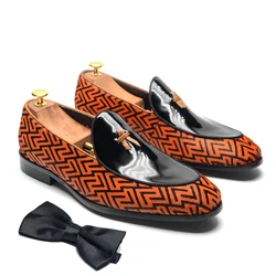 Luxury Designer Patterned Men's Penny Loafers Stylish Wedding Party Dress Shoes Unique Horse Hair and Patent Leather Design