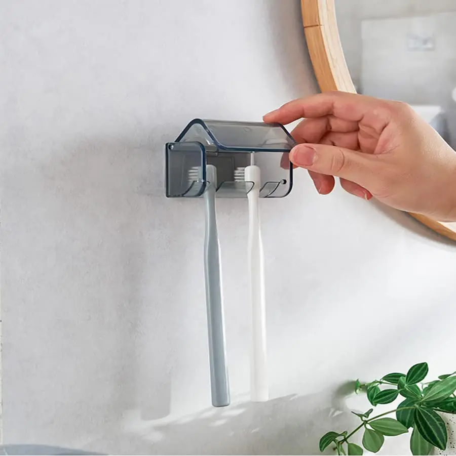 Dustproof Wall Mounted Toothbrush Holder with Cover 2 Slots Self Adhesive Toothbrush Storage Organizer for Shower Bathroom