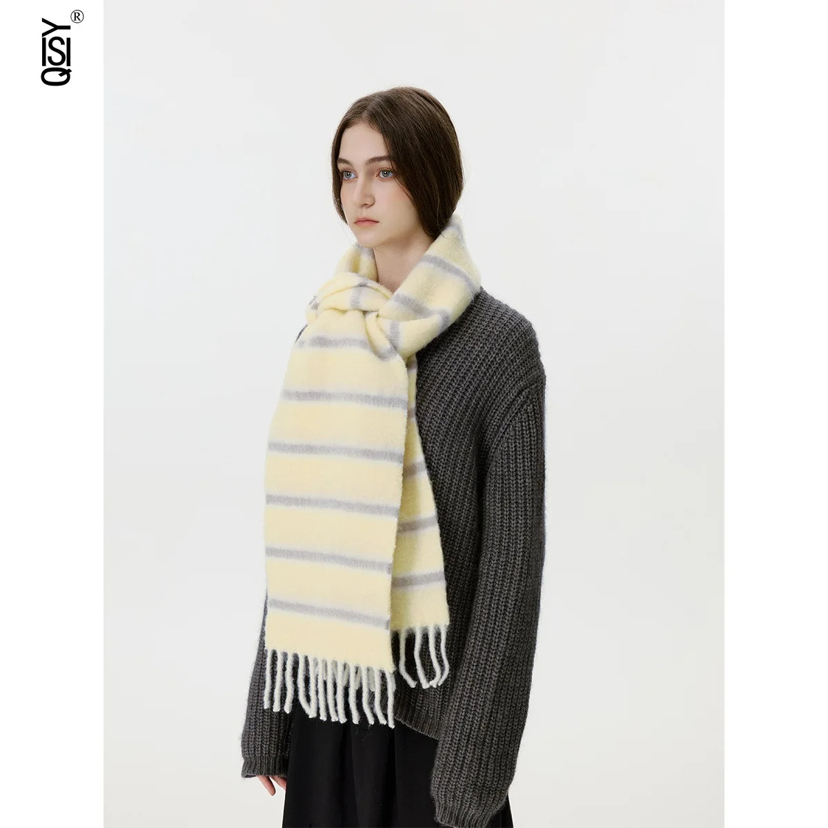 وشاح مخطط متعدد الألوان من مزيج الصوف على الطراز الكوري لدفء الشتاء للنساء، جو شرابة، شال وشاح #3