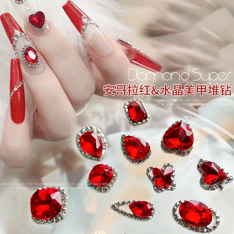 10PCS Luxury Alloy สีแดง 3D เล็บทับทิม Charms อัญมณี Rhinestones เครื่องประดับอุปกรณ์เสริมสําหรับอุปกรณ์ตกแต่งเล็บผลิตภัณฑ์